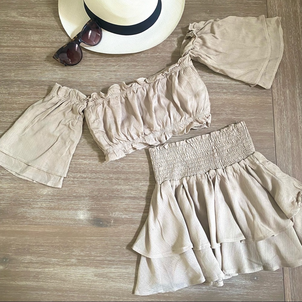 Isla Posh Summer Mini Skirt Off Shoulder Top in Tan